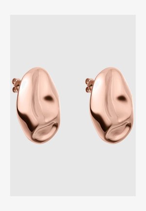Rózsa arany, absztrakt formájú, sima, polírozott felületű fülbevalók, finom ívekkel. A zárás biztonságos, pöttyös hátul nyílással rendelkezik.
