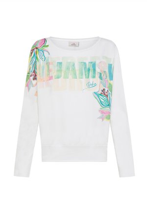 Sudadera blanca con gráficos florales coloridos y texto, cuello redondo, mangas largas y un ajuste relajado. Textura de tela suave.