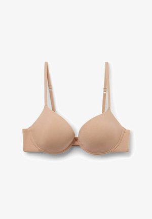 Beżowy biustonosz z wypełnieniem, z regulowanymi ramiączkami, gładką fakturą i zapięciem na hak z tyłu. Zawiera detale szwów wzdłuż miseczek.