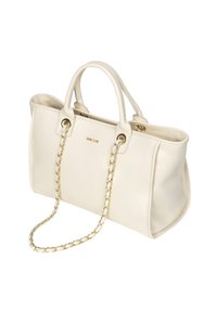 Kremowa skórzana torebka z dwoma górnymi uchwytami i złotym łańcuszkiem. Charakteryzuje się wyraźnym kształtem, gładką fakturą oraz metalowymi akcentami.