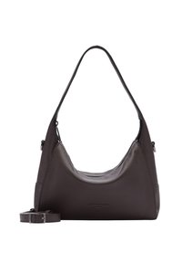 Borsa a spalla in pelle marrone scuro, caratterizzata da una superficie texture, forma curva, una strap e una tracolla staccabile con una fibbia in argento.