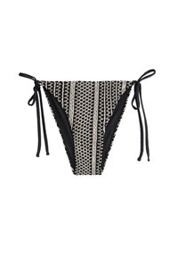 Bas de bikini noir et blanc à rayures avec des liens latéraux et un détail en tissu tissé texturé sur le panneau avant.
