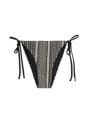 Zwart-witte gestreepte bikinibroek met zijstrikjes en een textuur van geweven stof op het voorpand.