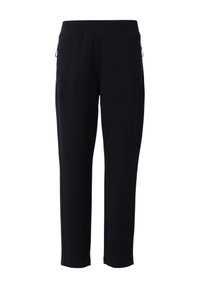 Pantalons de sport noirs en tissu doux, avec un design fuselé, une taille élastique et des poches latérales zippées pour le rangement.