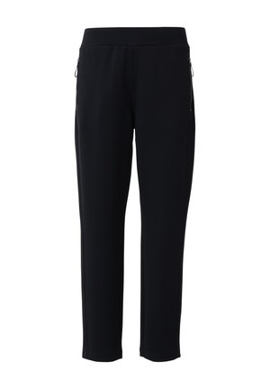 Black sport pants made of soft fabric, featuring a tapered design, elastic waistband, and zippered side pockets for storage.