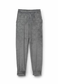 Grijze pyjamabroek met een zachte textuur, voorzien van een algehele hartpatroon, elastische tailleband en afgeknipte zoom.