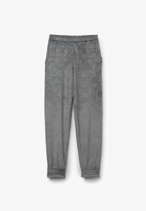 Šedé pyžamové kalhoty s hebkým povrchem, s celoplošným vzorem srdcí, elastickým pasem a manžetovými lemy.