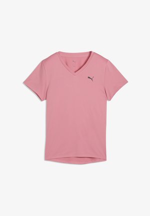 Maglietta rosa con scollo a V realizzata in tessuto morbido. Presenta maniche corte e un piccolo logo Puma nero sul petto. Tessuto liscio e design semplice.