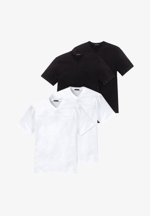 Set aus drei V-Ausschnitt-T-Shirts: zwei weiße und ein schwarzes. Hergestellt aus Baumwolle, mit kurzen Ärmeln und einer glatten Textur.