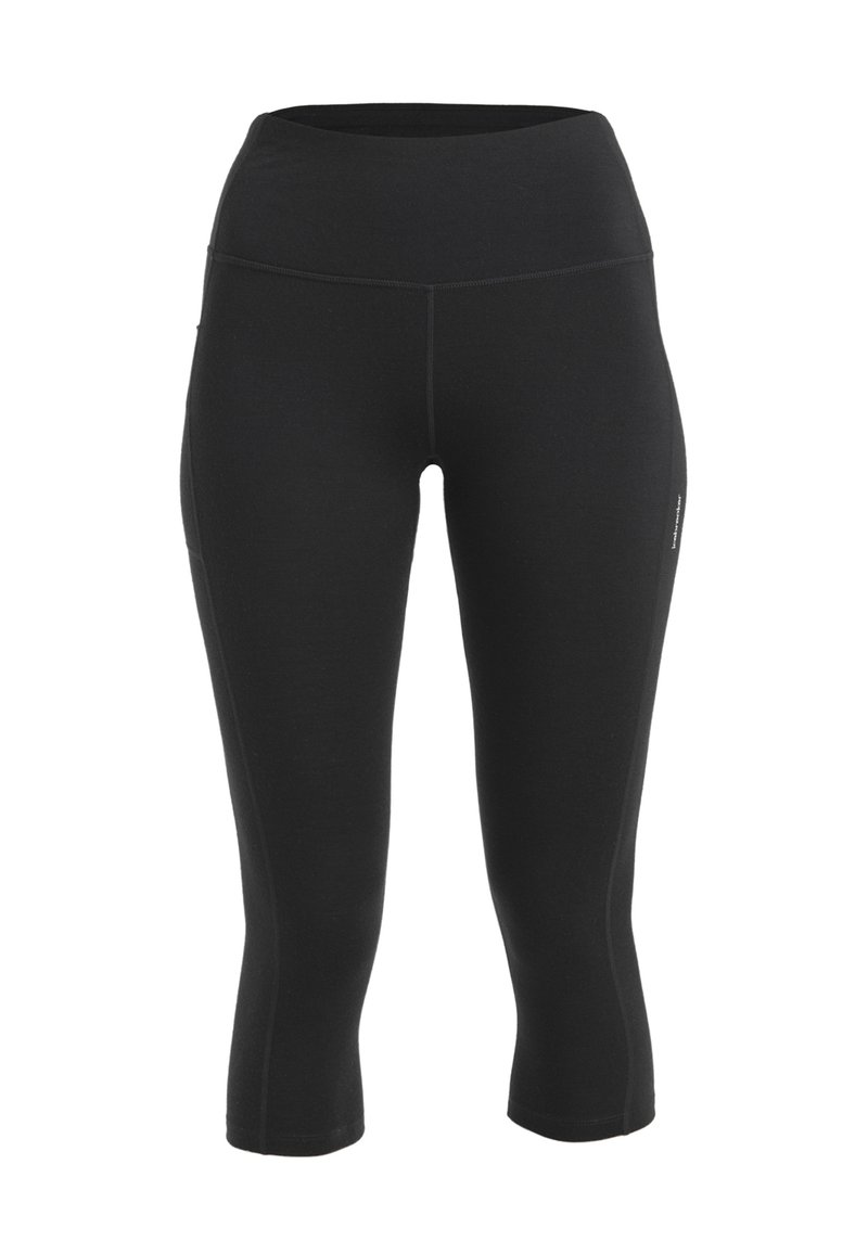 Leggings capri neri realizzati in materiale elasticizzato, dotati di una fascia alta in vita, cuciture piatte e una tasca laterale. Texture liscia senza motivi visibili.