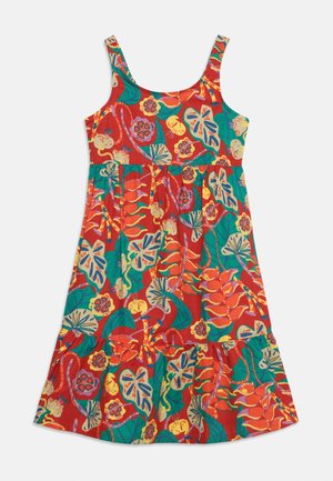 Abito rosso senza maniche con spalline larghe, caratterizzato da un vivace motivo tropicale di foglie e fiori in tonalità di verde, giallo e blu.