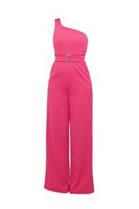 One-shoulder pink jumpsuit made of smooth fabric, featuring a wide-leg design, a belted waist with a square buckle, and no visible patterns.
