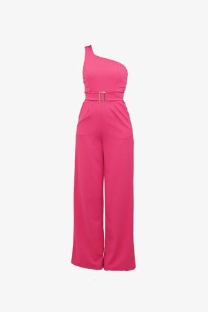 One-shoulder pink jumpsuit made of smooth fabric, featuring a wide-leg design, a belted waist with a square buckle, and no visible patterns.
