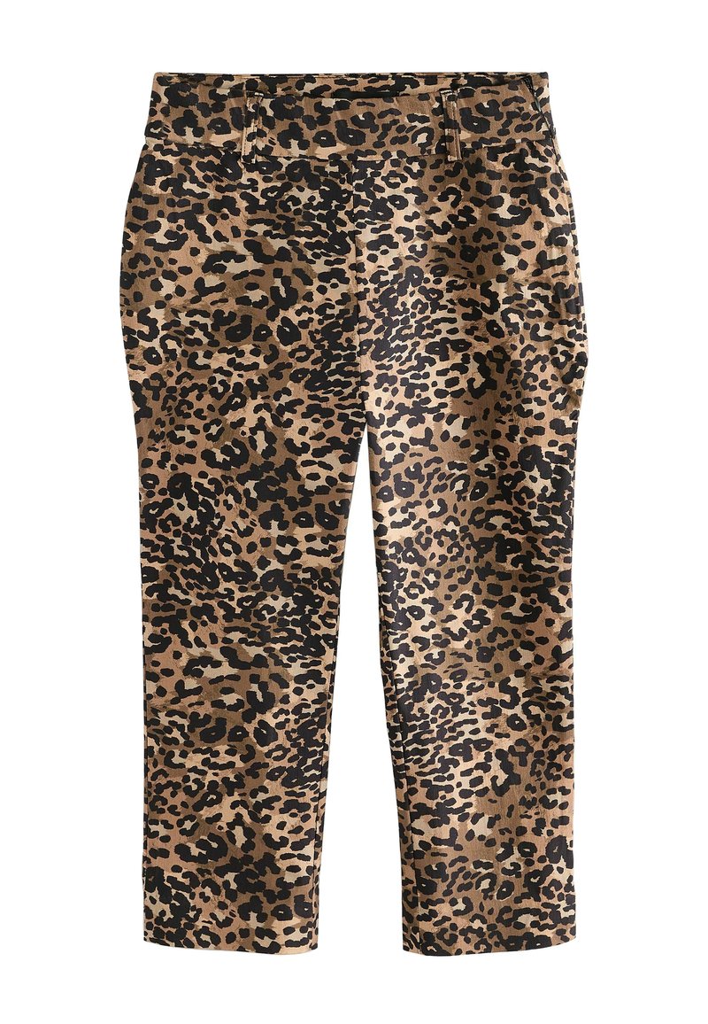 Pantaloni cu imprimeu leopardo în nuanțe de brown și negru. Au un croi drept, talie cu bucle pentru curea și fără buzunare vizibile.