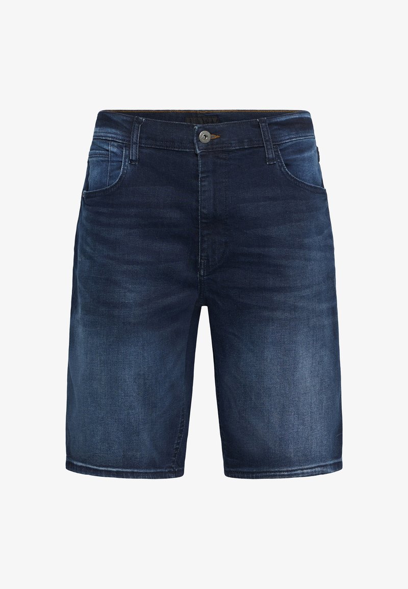 Σκούρα μπλε denim σορτς με κουμπί και φερμουάρ εμπρός, θηλιές για ζώνη και εμπρόσθιες τσέπες, εμφανιζόμενα σε λευκό φόντο.