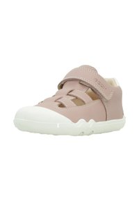 Zapatos de cuero rosa de Geox con suela de goma blanca, que cuentan con una correa de velcro, lados abiertos y un diseño transpirable. Punta redondeada y acentos texturizados.