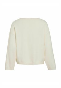 Pull en laine beige clair court avec un encolure large, des épaules tombantes et des manches longues. Texture douce avec des poignets et un ourlet côtelés.