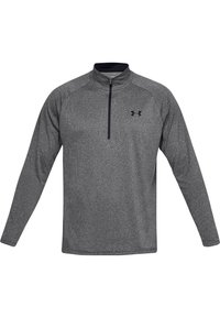 Grauer Pullover mit langen Ärmeln aus strukturiertem Stoff, mit einem Viertelreißverschluss, einem schwarzen Logo auf der linken Brust und einem hohen Kragen.