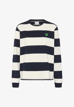 Blå och vit randig sweatshirt med lång ärm och rund halsringning. Har ett grönt hjärta med "love" broderat på bröstet. Blandning av bomull.