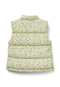 Padded vest w jasnozielonym kolorze z kwiatowym wzorem. Posiada kołnierz, pikowane sekcje oraz kolorowe małe kwiaty na całej powierzchni materiału.