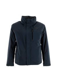 Veste imperméable bleu marine avec un col haut, fermeture éclair avant recouverte d'un rabat, poche zippée sur la poitrine et poignets ajustables.