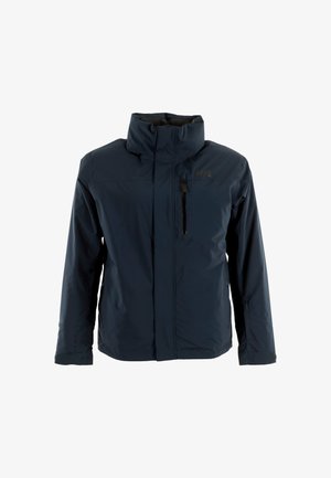 Chaqueta impermeable de color azul oscuro con un alto cuello, cremallera frontal cubierta por una solapa, bolsillo con cremallera en el pecho y tiras ajustables en las muñecas.