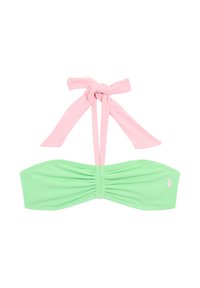 Top bikini bandeau verde con dettagli arricciati, con lacci rosa al collo. Realizzato in tessuto liscio e elasticizzato.