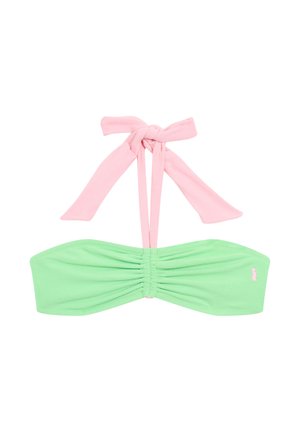 Green bandeau bikini top with ruching detail, featuring pink ties at the neck. Made from smooth, stretchy fabric.