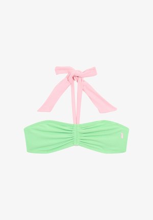 Green bandeau bikini top with ruching detail, featuring pink ties at the neck. Made from smooth, stretchy fabric.