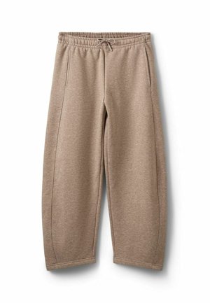 Pantalon de survêtement beige décontracté avec ceinture élastique, cordon de serrage, poches latérales, jambes droites et détails de couture simples.