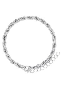 Bracciale in catena d'argento spesso con anelli intrecciati, dotato di un gancio a morsetto e un'estensione della catena regolabile per adattarsi.