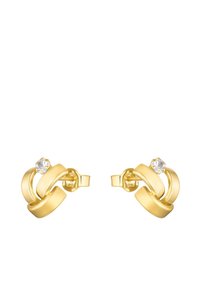 Orecchini a perno in oro con tre bande intrecciate e un piccolo gemma trasparente tonda sulla parte superiore di ciascun orecchino.