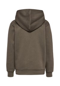 Kapuzensweatshirt aus dunkelgrünem Stoff, mit schlichtem Design, langen Ärmeln sowie gerippten Bündchen an Ärmelenden und Saum. Glatte Textur, ohne Muster oder Verzierungen.