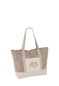 Bolsa de tote en color beige con tejido texturizado y asas a rayas. Cuenta con un parche de logo y rayas horizontales en la base, ofreciendo un diseño espacioso.