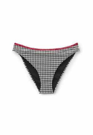 Schwarze und weiße Gingham-Bikinihose mit rotem gewelltem Saum, schwarzen Seitenpanels und glatter Textur. Mittelhohe Leibhöhe und nahtloses Design.