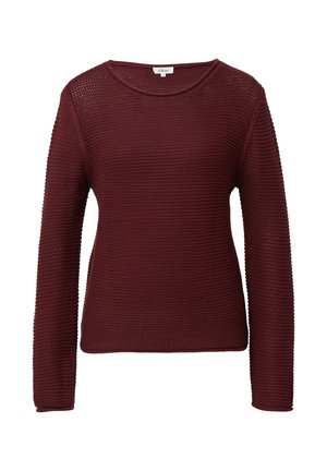 Pull femme tricoté bordeaux à manches longues, avec col rond et motif en rayures horizontales texturées, isolé sur fond blanc.