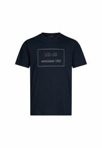 Tume sinine puuvillane T-särk lühikeste varrukatega, millel on ristkülikukujuline valge logo "LIU·JO asutatud 1995" kreemikate niitide ääristusega.