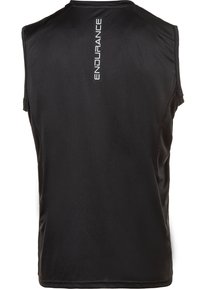 Sort atletisk tanktop lavet af letvægtsstof. Har ordet "ENDURANCE" trykt lodret i hvidt på den øverste del af ryggen.