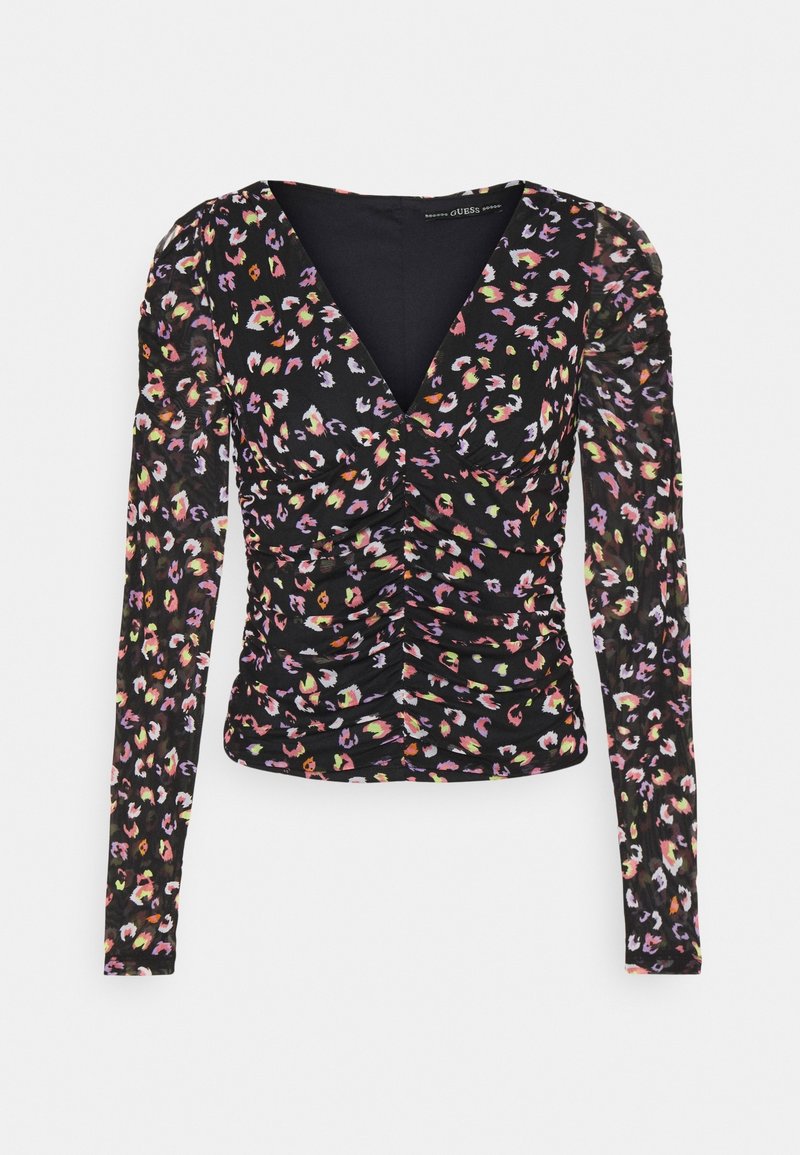 Maglietta nera a maniche lunghe con scollo a V profondo, design arricciato e un motivo leopardato colorato in rosa, giallo e bianco su uno sfondo scuro.