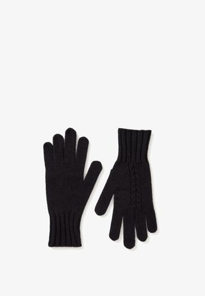 Black knit gloves with ribbed cuffs. One glove features a cable knit detail on the side. Both gloves have five individual finger openings.