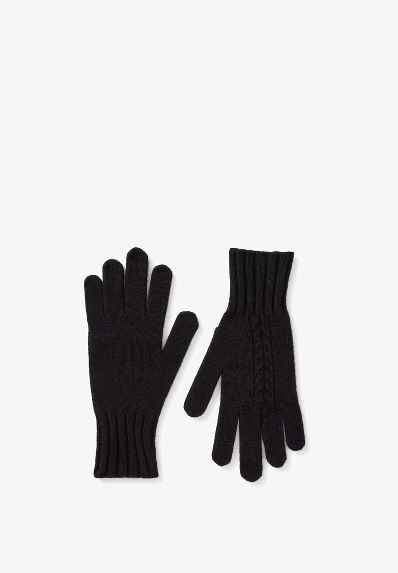 Černé pletené rukavice s žebrovanými manžetami. Jedna rukavice má na boku detail z kabelkového pletení. Obě rukavice mají pět samostatných otvorů na prsty.
