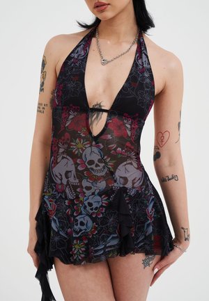 Ed Hardy WOMENS SKULL AND FLOWERS HALTER NECK MINI - Jurk - black