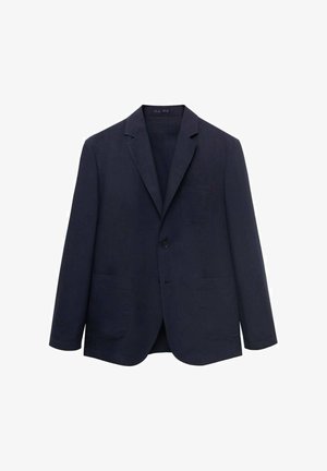 Navy blazer made of linen, featuring a notched lapel, single button closure, two front pockets, and a chest pocket, with a smooth texture.