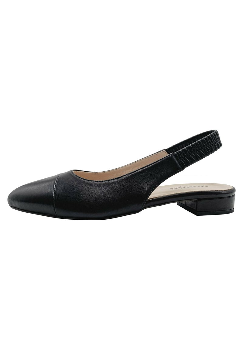 Zapato negro de piel con tirante trasero, punta afilada, tacón bajo y correa texturizada. Superficie lisa, diseño minimalista.