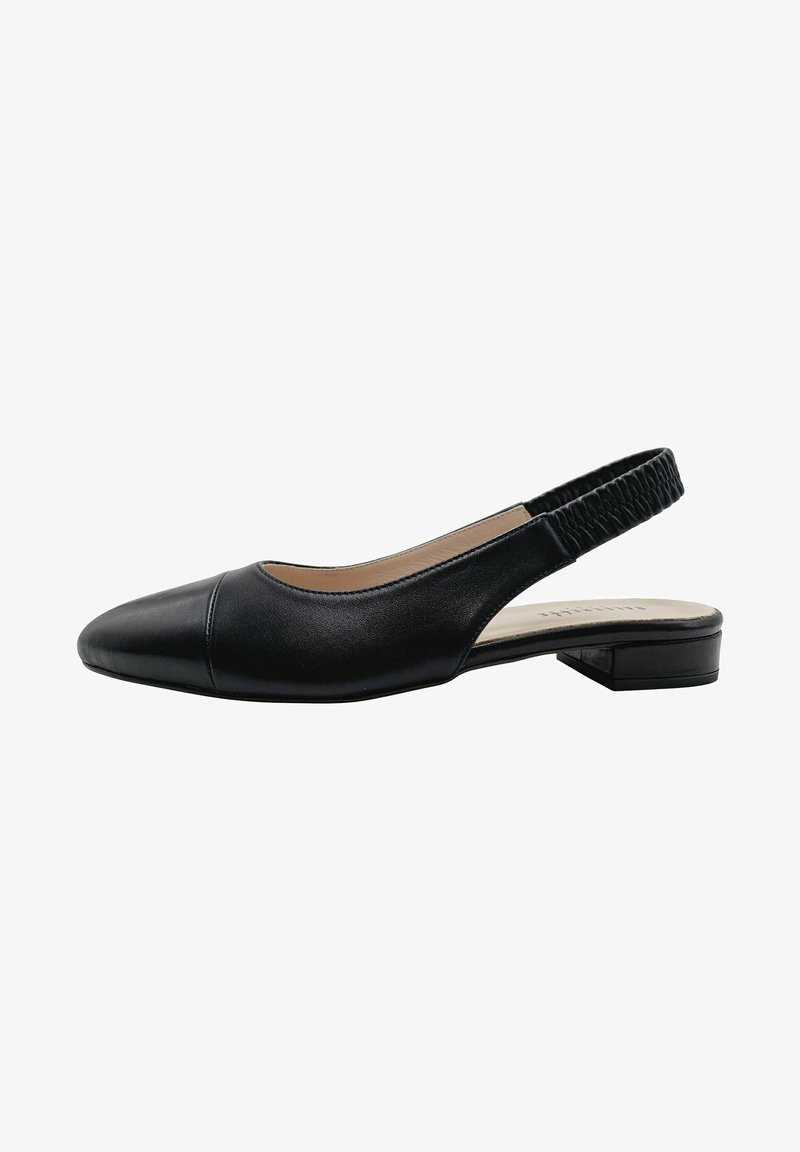 Zapato negro de piel con tirante trasero, punta afilada, tacón bajo y correa texturizada. Superficie lisa, diseño minimalista.