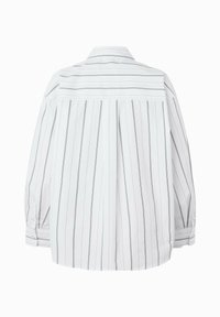 White striped shirt featuring vertical gray stripes, long sleeves, a back yoke, and buttoned cuffs. Smooth texture, classic collar design.