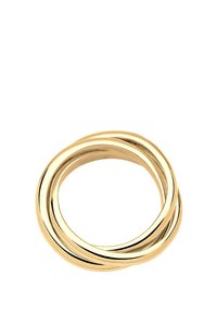 Ring i guldfärg med tre sammanlänkade band med en slät, polerad yta och rundade kanter, som visar en minimalistisk design.