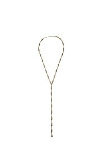 Collier en ton doré présentant des maillons allongés et texturés, avec un détail central en goutte et un design superposé créant une forme de Y.
