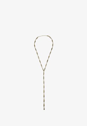 Vergoldete Halskette mit länglichen, strukturierten Gliedern und einem hängenden Anhänger. Glatte Oberfläche mit abwechselnden Perlenakzenten entlang der Kette.