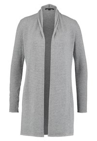 Cardigan grigio realizzato in tessuto a maglia testurizzata, con maniche lunghe, apertura frontale e una vestibilità rilassata caratterizzata da dettagli a costine orizzontali.